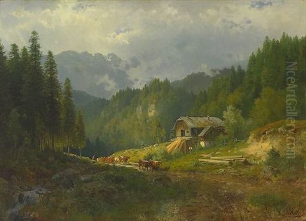 Hochalm Mit Muhle Und Gebirgshorizont An Einem Sommertag Oil Painting by Ludwig Sckell