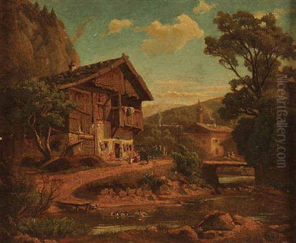 Alpine Village Scene Oil Painting by Ludwig Sckell