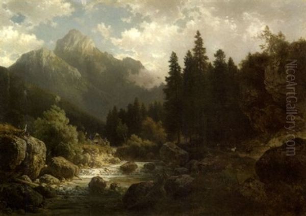 Rocky Landscape With A Stream Oil Painting by Ludwig Sckell