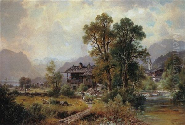 Bauerndorf Mit Fluss Und Personenstaffage Oil Painting by Ludwig Sckell