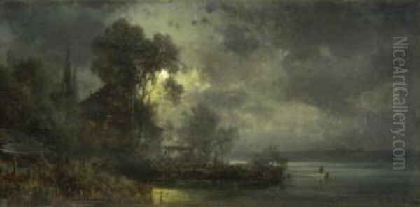 Mondnacht Am Starnbergersee Oil Painting by Ludwig Sckell