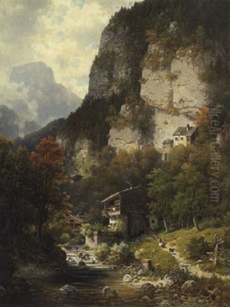 Gebirgstal (gasthaus Weber An Der Wand Bei Oberaudorf) Oil Painting by Ludwig Sckell