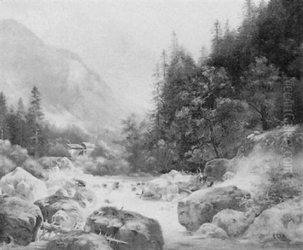 Ziegenhirtin Am Gebirgsbach - Ramsau Bei Berchtesgaden Oil Painting by Ludwig Sckell