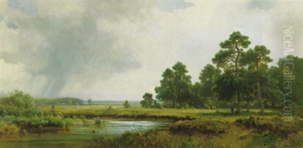 Moorlandschaft (dachauer Moos) Mit Einem Jager Bei Der Niederwildjagd Links Und Hirten Mit Vieh Rechts Oil Painting by Ludwig Sckell