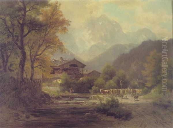 Bei Partenkirchen Mit Zugspitze Oil Painting by Ludwig Sckell