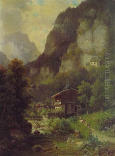 Gebirgstal Mit Fluslauf Bei Oberaudorf Oil Painting by Ludwig Sckell