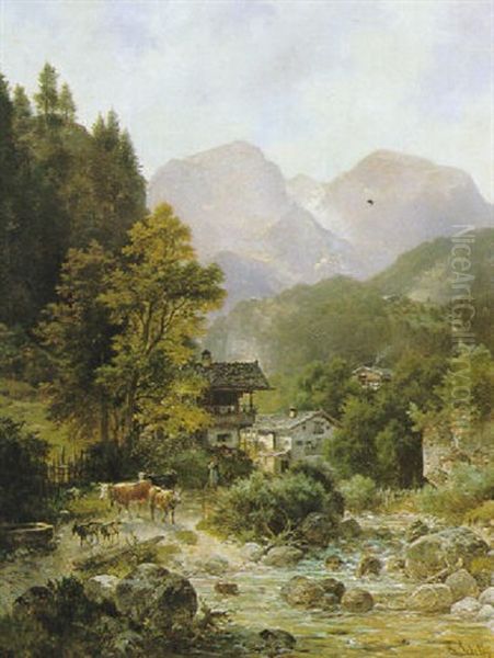 Gebirgsdorf Bei Berchtesgaden Oil Painting by Ludwig Sckell