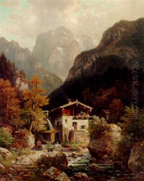 A Mill In Vorgl, Tyrol Oil Painting by Ludwig Sckell