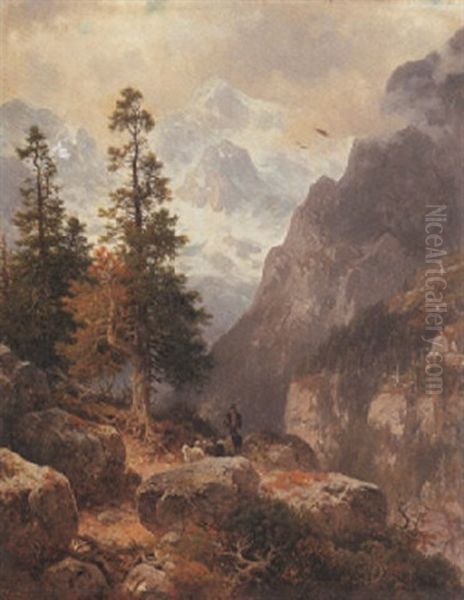 Hirte Mit Seinen Schafen Im Hochgebirge Oil Painting by Ludwig Sckell