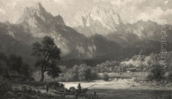 Voralpenlandschaft Mit Anglern An Einem Bachlauf Oil Painting by Ludwig Sckell