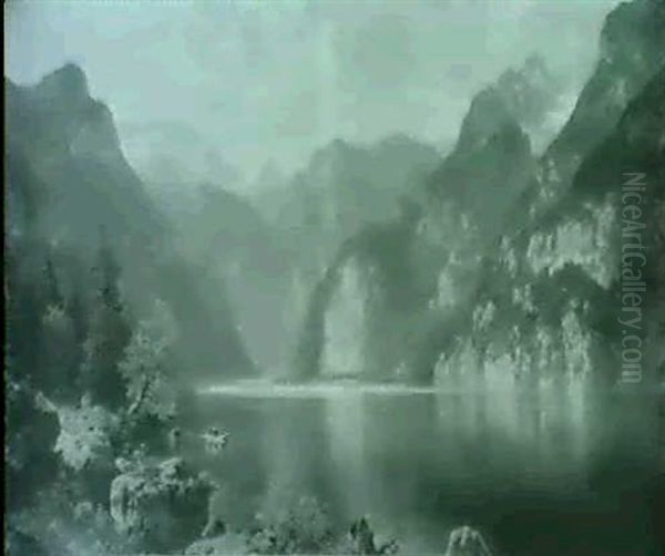 Blick Vom Ufer Auf Den Konigssee Nach St. Bartholoma,       Unweit Des Linken Ufers Bootspartie, Auf Gleicher Hohe Jager Oil Painting by Ludwig Sckell