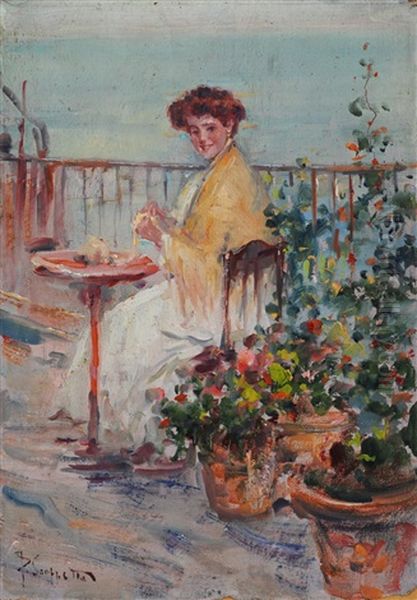 Signora Sulla Terrazza Oil Painting by Pietro Scoppetta