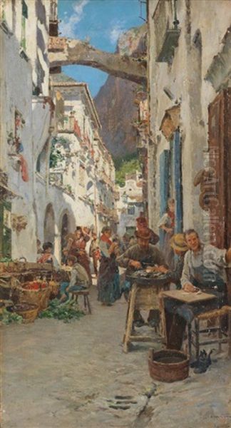 Via Con Terrazze Ad Amalfi Oil Painting by Pietro Scoppetta