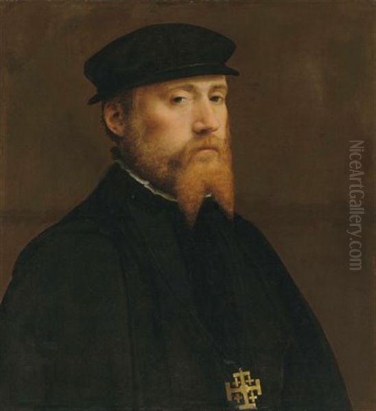 Portrait Of A Knight Of The Jerusalem Brotherhood, Possibly The Utrecht Brotherhood Of The Holy Sepulchre, Bust-length Oil Painting by Jan Van Scorel