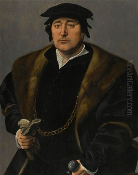 Portrait Of A Gentleman, Wearing A Fur-lined Cloak And A Black Hat Oil Painting by Jan Van Scorel