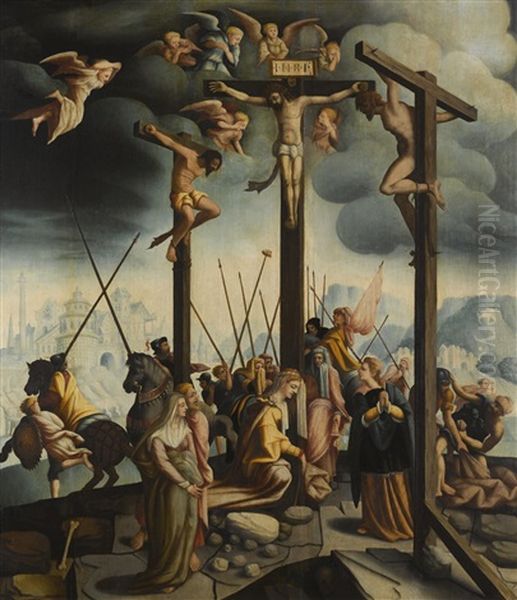 Calvary With The Three Crosses Oil Painting by Jan Van Scorel