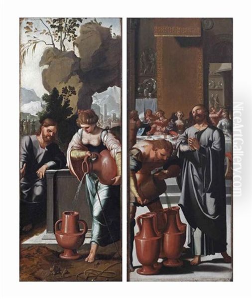 Christ And The Woman Of Samaria At The Well; And The Marriage At Cana - Panels From A Polyptych Oil Painting by Jan Van Scorel