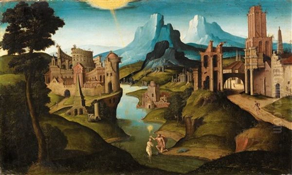 Eine Flusslandschaft Mit Antiken Gebauden Und Der Taufe Christi Oil Painting by Jan Van Scorel