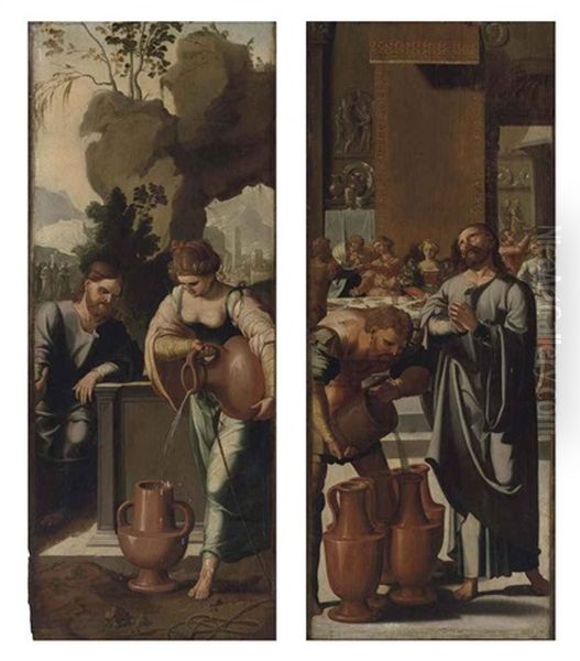 Christ And The Woman Of Samaria At The Well (+ The Marriage At Cana; 2 Works) Oil Painting by Jan Van Scorel