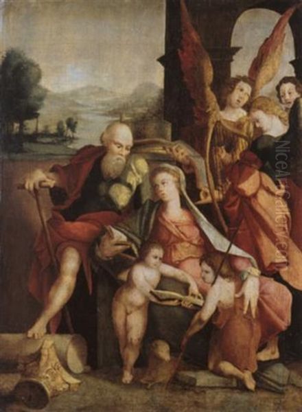 Die Hl. Familie Mit Dem Johannesknaben Und Engeln Vor Landschaftshintergrund Oil Painting by Jan Van Scorel