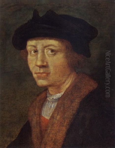 A Portrait Of A Young Man Wearing A Fur-lined Black Coat And A Black Beret Oil Painting by Jan Van Scorel