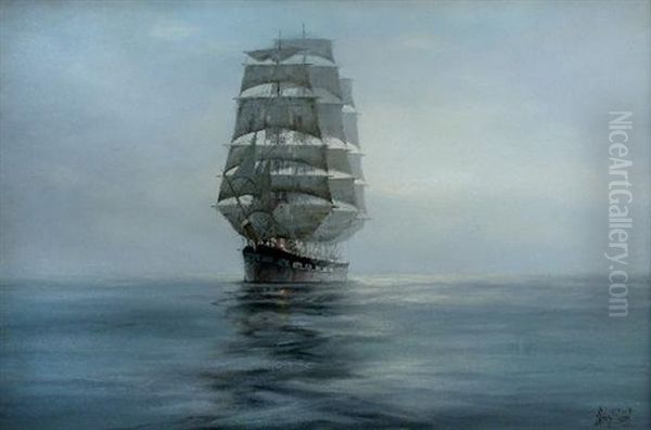 The Clipper Ship Mount Stewart Tons, Built 1891 By Barclay, Curle, Glasgow, In A Calm Sea At The Break Of Dawn, With A Navigation Light Glowing Oil Painting by Henri Louis Scott