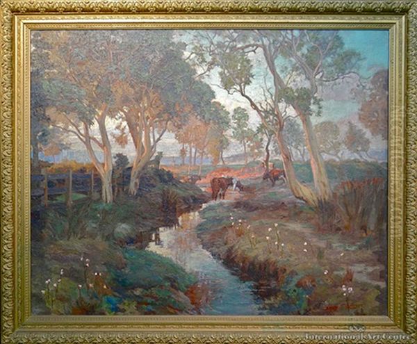 Cattle Watering In A Stream Oil Painting by James Fraser Scott