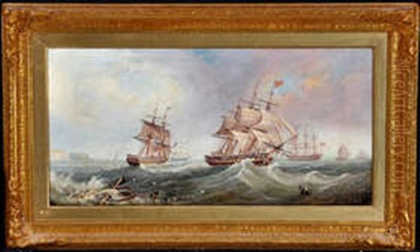 Sailing Ships Off A Coast Oil Painting by John Scott