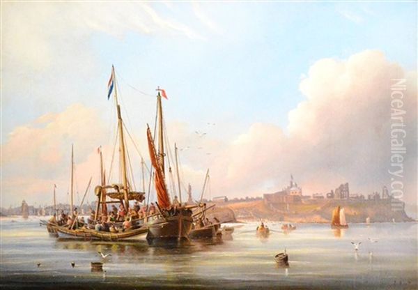 Moored Fishing Vessels And Figures In Blyth Harbour Oil Painting by John Scott