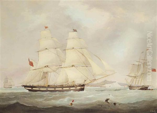 The English Merchant Brig Johns In Three Positions In The Channel Off Dover Oil Painting by John Scott