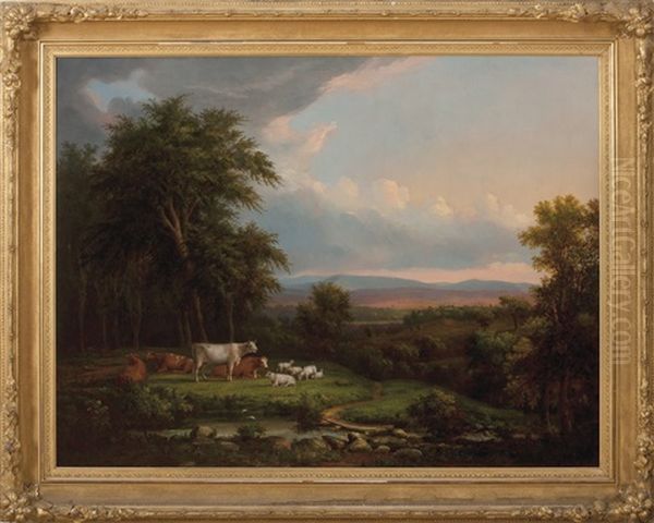 New England Landscape With Cows And Sheep Beside A Stream Oil Painting by John White Allen Scott