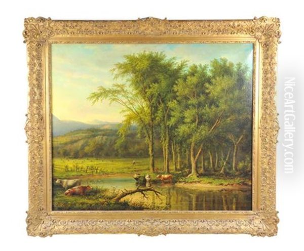 Untitled (cows Watering In New England Landscape) Oil Painting by John White Allen Scott