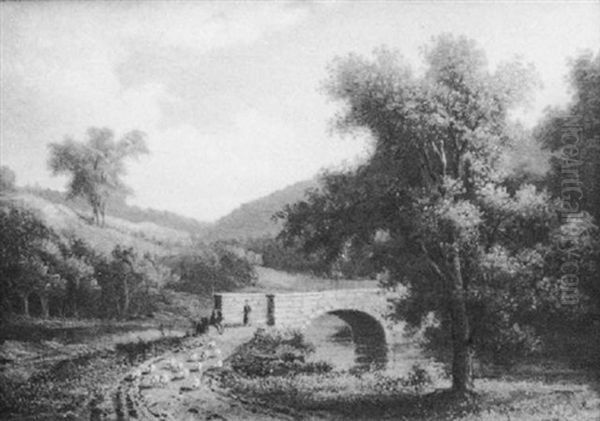 New Hampshire Scene With Stone Bridge And Shepherds With Flock Of Sheep Oil Painting by John White Allen Scott