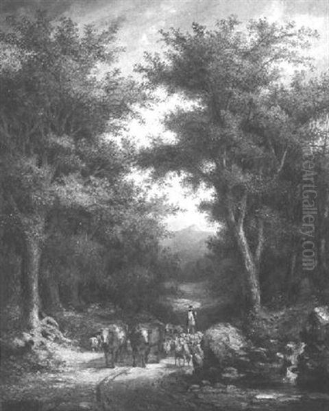 Herder With Livestock On A Wooded Road Oil Painting by John White Allen Scott