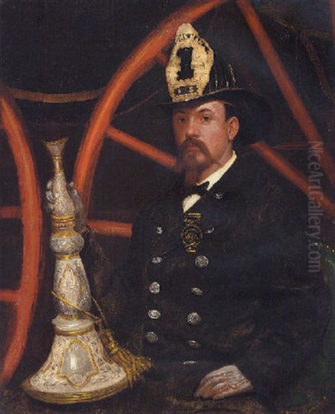 Portrait Of The Fire Chief Of Plainfield With Presentation Speaker Oil Painting by Julian Scott