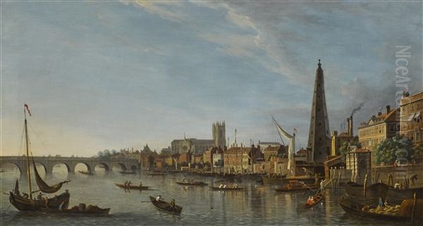 London, The York Buildings Water Tower, Westminster Abbey Beyond Oil Painting by Samuel Scott