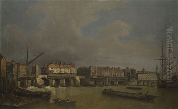 View Of Old London Bridge Oil Painting by Samuel Scott