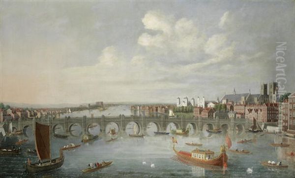 The Thames And Old Westminster Bridge Looking Towards Westminster Abbey, London Oil Painting by Samuel Scott