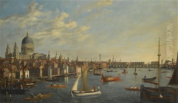 London, A View Of St Paul's Cathedral And Old London Bridge From The Thames, With The Royal Barge Oil Painting by Samuel Scott