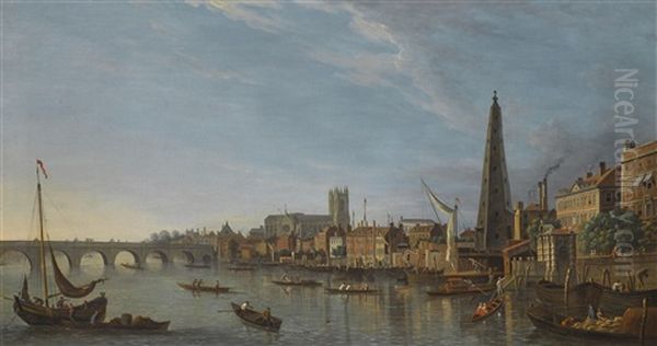 London, The York Buildings Water Tower, Westminster Abbey Beyond Oil Painting by Samuel Scott