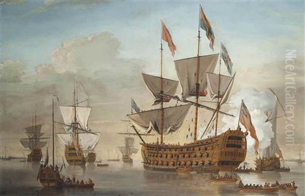 A Large First Rate, Thought To Be The Royal William (formerly The Prince), Lying At Her Anchorage, Surrounded By Other Vessels And Preparing To Receive A Distinguished - Possibly Royal - Visitor Oil Painting by Samuel Scott