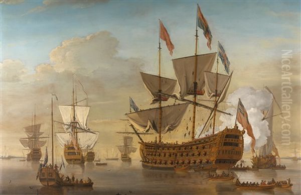 Navire De Guerre A Trois Ponts, Traditionnellement Identifie Comme Le Royal William Oil Painting by Samuel Scott