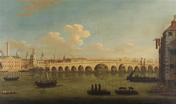 Figures Boating On The Thames Before London Bridge Oil Painting by Samuel Scott