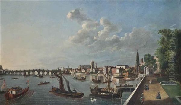 A View Of Westminster Bridge With The Royal Barge Oil Painting by Samuel Scott