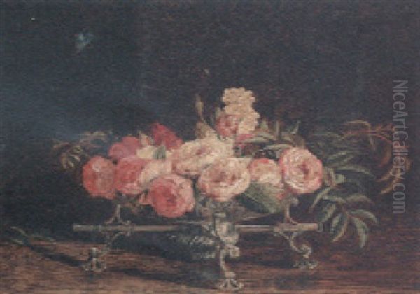 Pink And White Roses In An 18th Century Silver Dish-cross, A Chalkhill Blue Butterfly Above Oil Painting by William Bell Scott