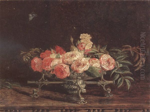 Pink And White Roses In An 18th Century Silver Dish-cross, A Chalkhill Blue Butterfly Above Oil Painting by William Bell Scott