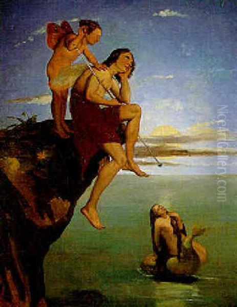 Oberon And Puck Listening To The Mermaid's Song Oil Painting by David Scott