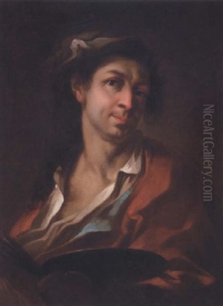 Portrait Of An Artist Wearing A Red Coat, Holding His Palette With His Left Hand (giosue Scotti?) Oil Painting by Giosue' Scotti