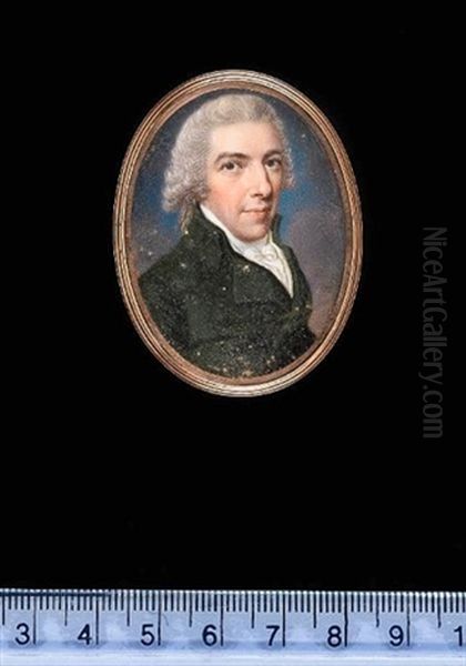 A Gentleman Wearing Dark Green Coat, White Waistcoat And Tied White Cravat, His Hair Powdered Oil Painting by James Scouler