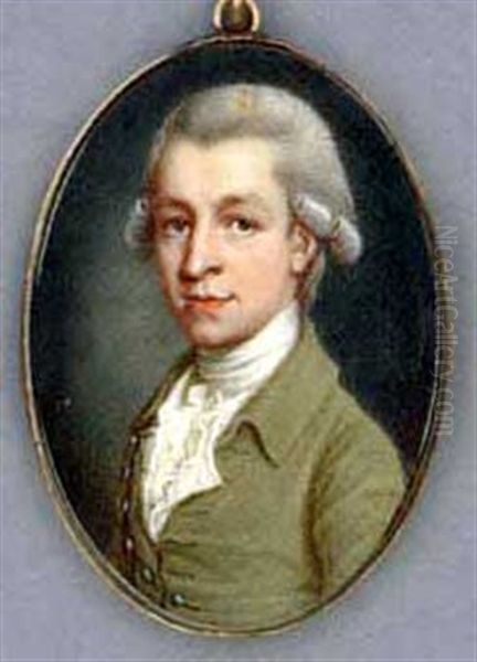 A Young Gentleman, In Moss-green Coat, White Waistcoat And Frilled Cravat, Powdered Wig Oil Painting by James Scouler